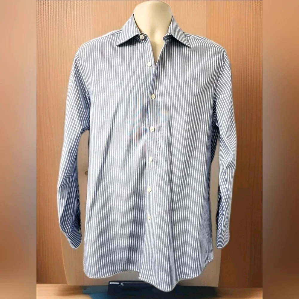 MICHAEL Michael KORS Blue  White Striped Long Sleeve No Iron Dress Shirt 15 32/3